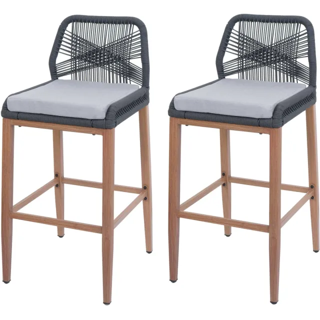 MCW Set van 2 Touw barkrukken MCW-O21, buiten zitkussen touw vlechtwerk metaal hout-look ~ antraciet, kussen lichtgrijs