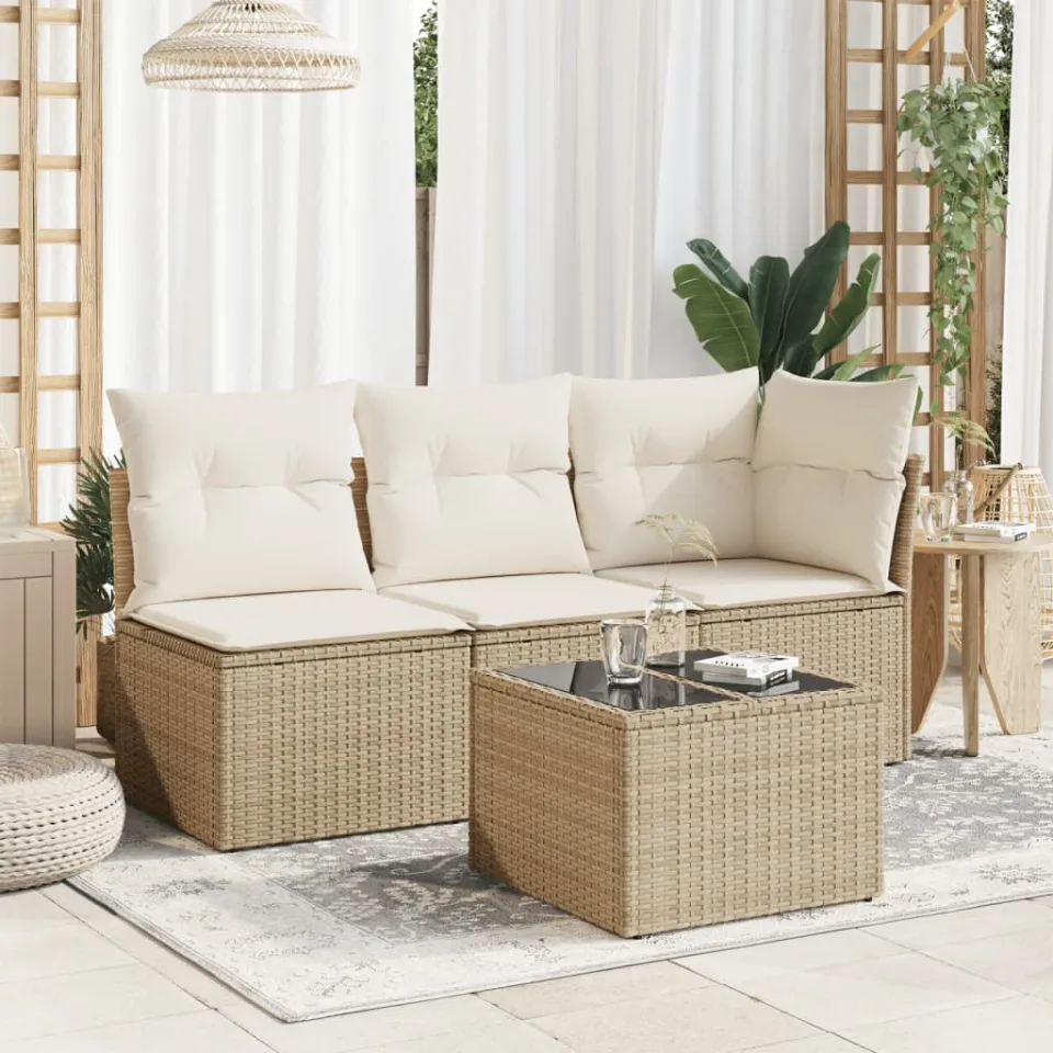 vidaXL Tuintafel met glazen blad 55x55x37 cm poly rattan beige, foto 3