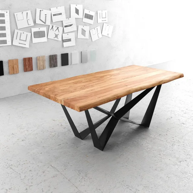DELIFE Eettafel Edge acacia natuur 200x100 XL Spider vlak staal zwart Live-Edge eettafel Bruin