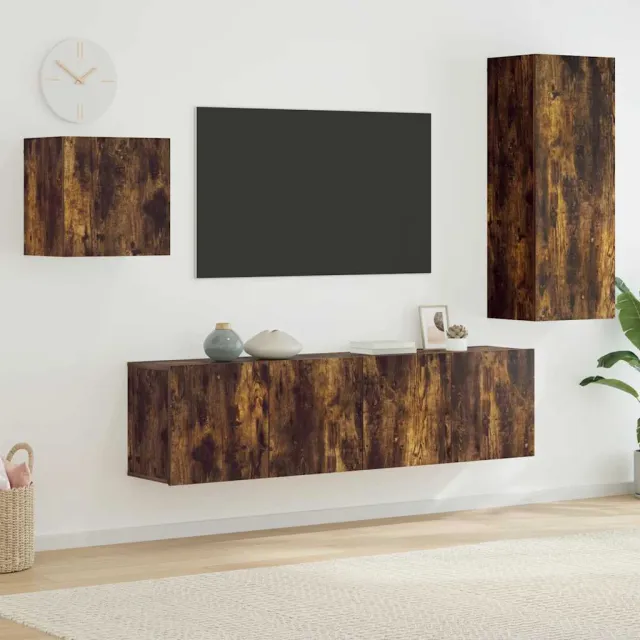 vidaXL 4-delige Tv-wandmeubelset bewerkt hout gerookt eikenkleurig Bruin