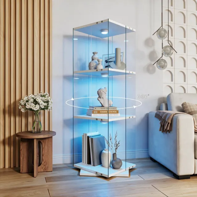 Yelenaro Vitrinekast in glas met LED‑verlichting, 360° draaibare staande vitrine met 3 legplanken, ESG‑veiligheidsglas, voor woonkamer en bar, 121 x 38 x 38 cm, wit