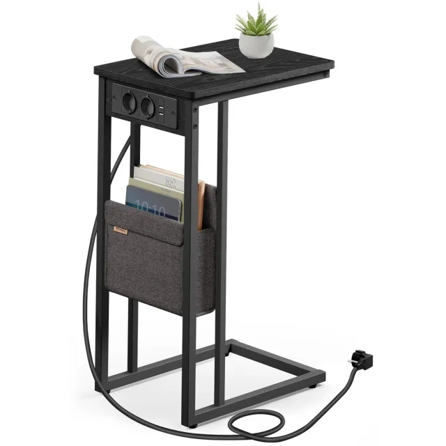 NordHaus C-vormige Bijzettafel - Oplaadtafel - Nachtkastje - Geïntegreerd Oplaadstation met Opbergvak - Zwart 30 x 40 x 62 cm
