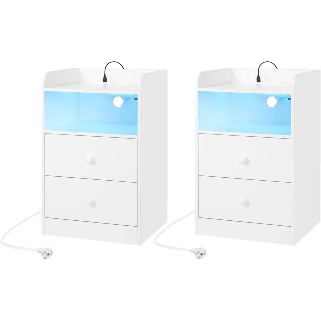 DHN Set van 2 nachtkastjes met USB - Nachtkastjes met Laadstation - LED Verlichting - Bijzettafels met USB en Led verlichting - Wit