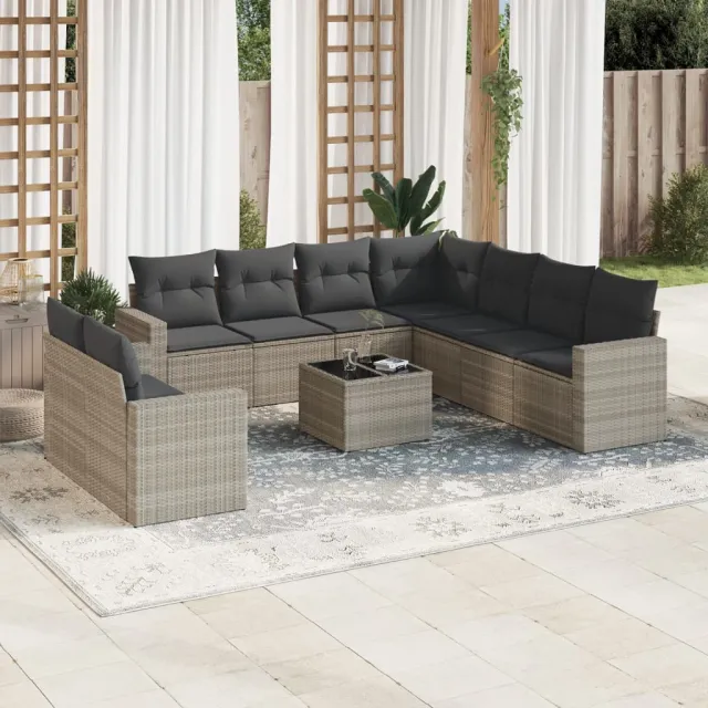 vidaXL 10-delige Loungeset met kussens poly rattan lichtgrijs grijs, foto 2
