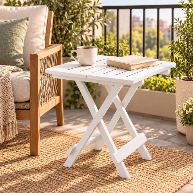 HEM Inklapbare Bijzettafel Buiten Wit - Opvouwbare Tuintafel - Balkontafel - Terrastafel - Met Microvezeldoekje