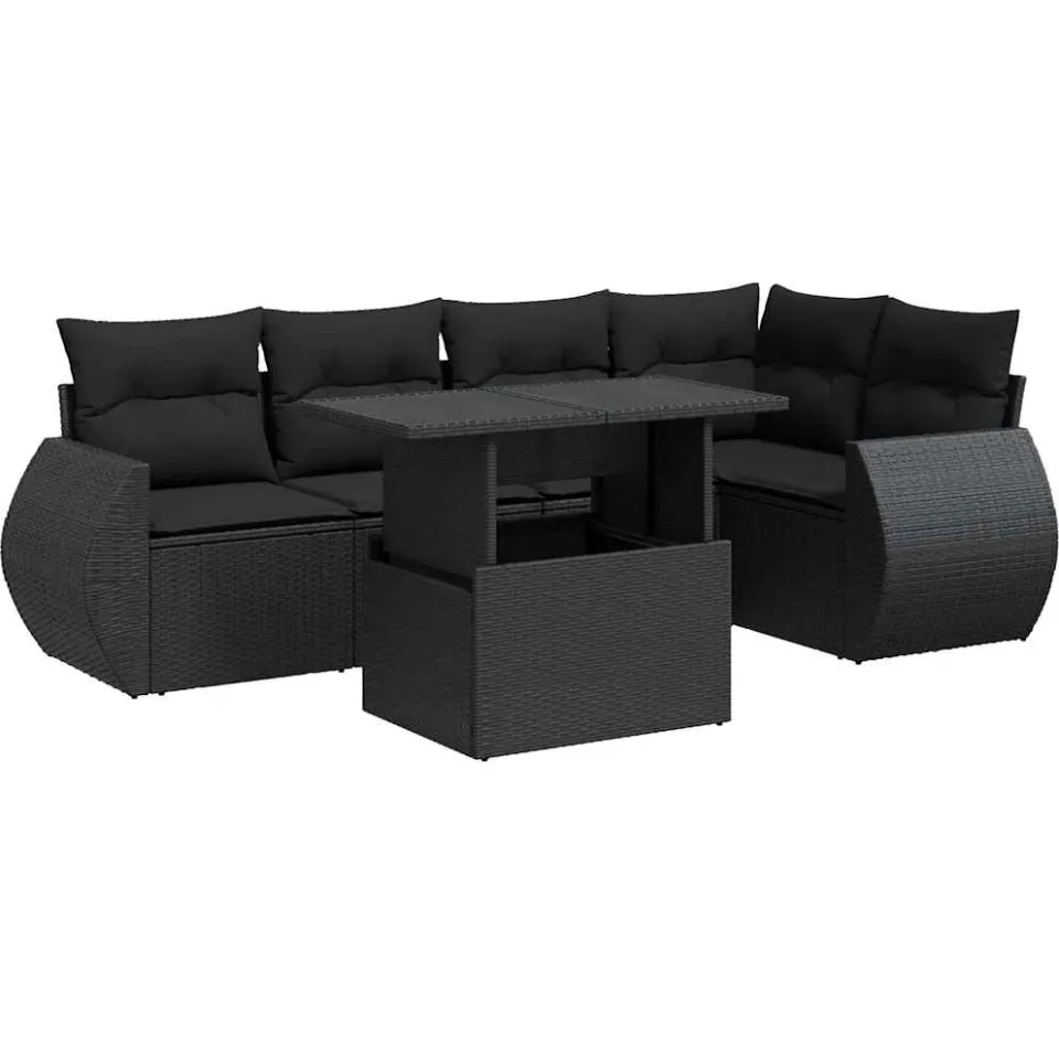 vidaXL 6-delige Loungeset met kussens poly rattan zwart, foto 3