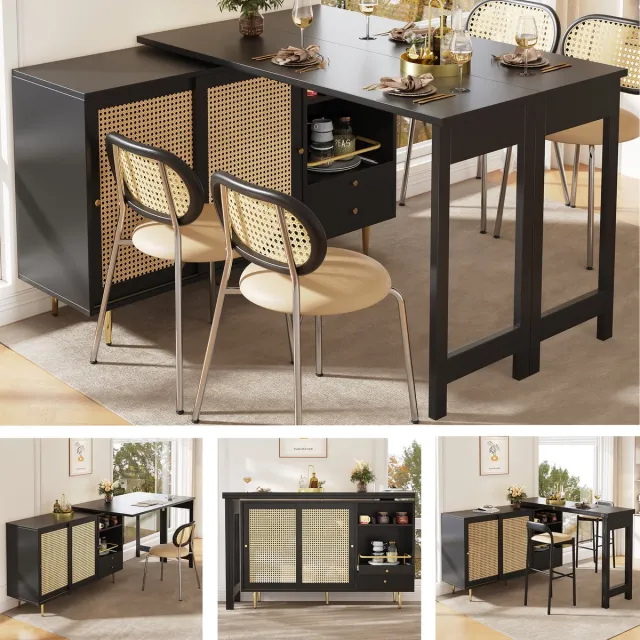 Clruro Bartafel - 107 x 40 x 71.4 cm - 360° Draaibare Bartafel met Rotan Deur en Open Rek - MDF - Zwart
