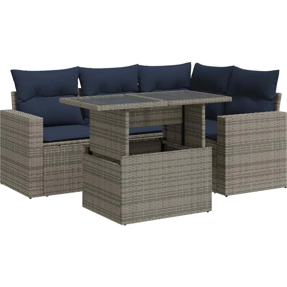 vidaXL 5-delige Loungeset met kussens poly rattan acacia grijs, foto 3