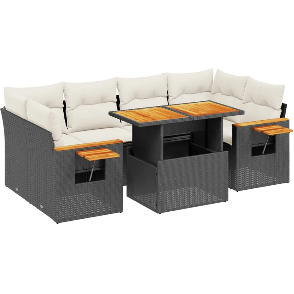 vidaXL 7-delige Loungeset met kussens poly rattan zwart