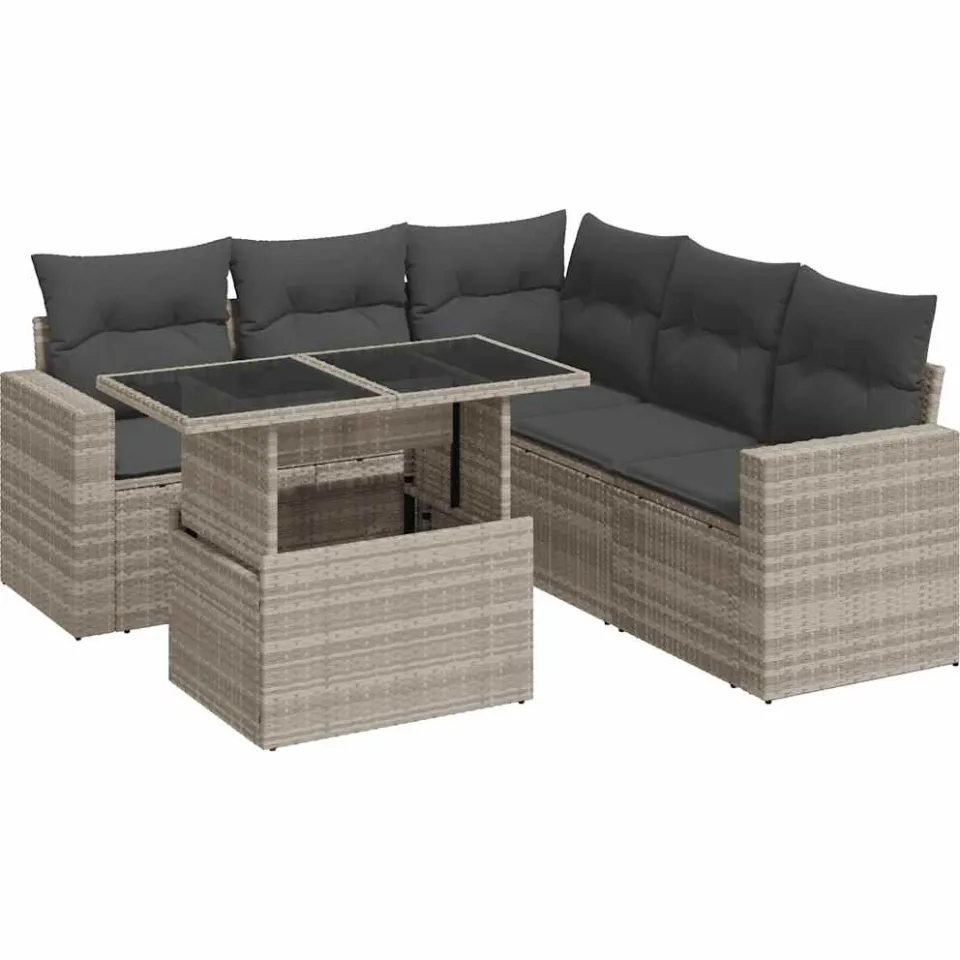 vidaXL 6-delige Loungeset met kussens poly rattan lichtgrijs grijs, foto 3