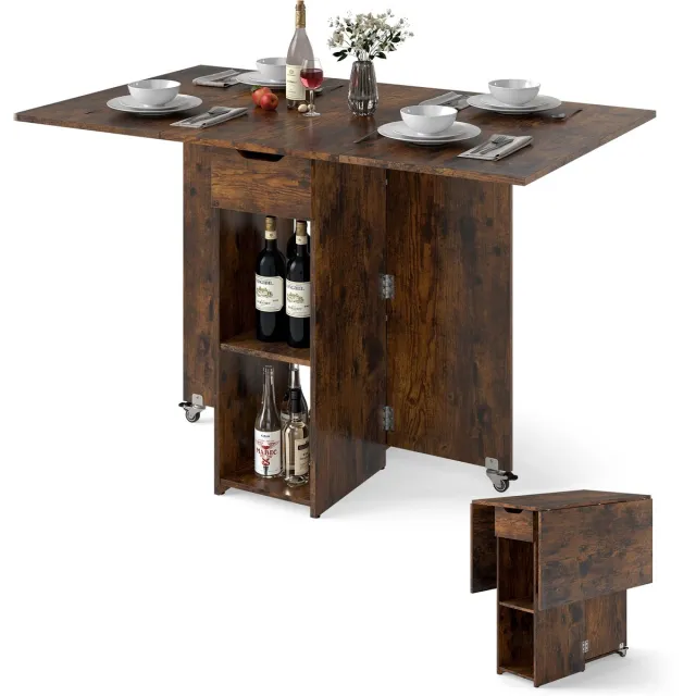 Costway Eettafel inklapbaar, keukentafel met wielen, lade en 2 opbergvakken, klaptafel voor 2-4 personen, eettafel voor kleine ruimtes, eetkamer, keuken, 120 x 72 x 75 cm (Rustiek Bruin)