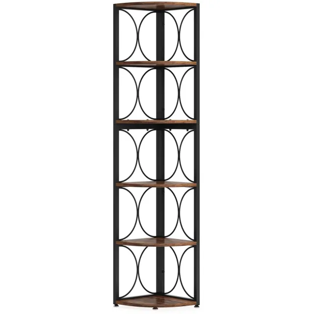 Questyr 67 Inch Hoge Hoekplank - 6-Tier Rustieke Hoek Boekenplank Boekenkast Opbergrek Staande Planken Rustieke / donker houtlook