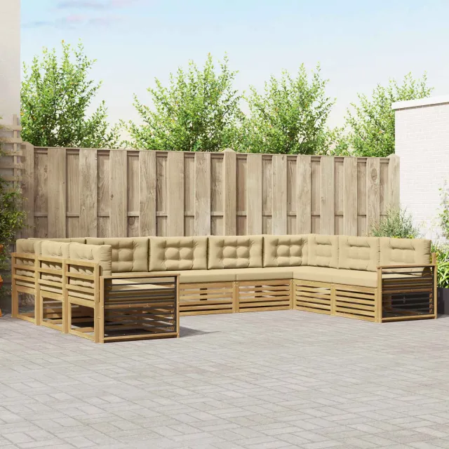 vidaXL Buiten bankenset 9 st 9-zits Wit en Beige Massief Acaciahout
