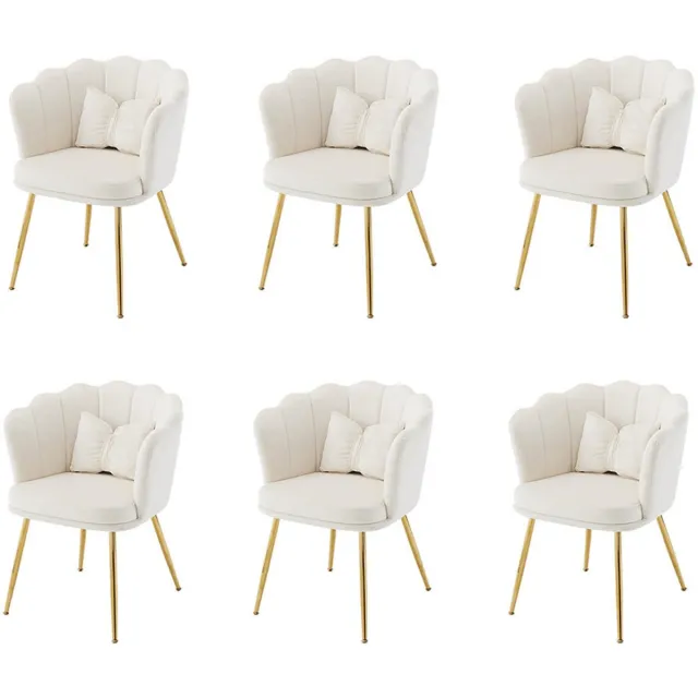 KOMHTOM BLACKCOLORS Set van 6 moderne fluwelen salonstoelen, badkamerstoelen, gestoffeerde stoelen met bloembladvormige rugleuning, vergulde metalen poten en vlinderkussens voor de slaapkamer-eetkamer Beige