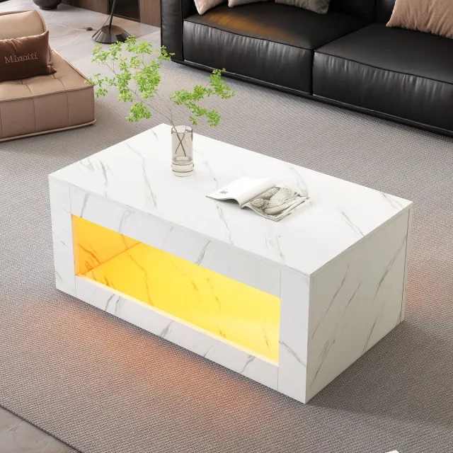 MUVANO Moderne salontafel met led verlichting - Led salontafel marmerlook - Salontafel hoogglans wit-Opbergruimte - 100x50 cm- App bediening- Woonkamer Wit