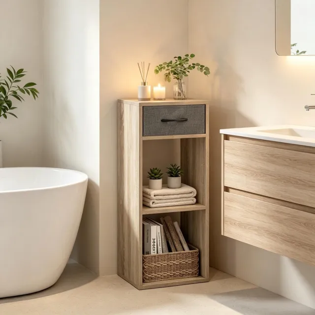 OKWISH Boekenkast Ruimtebesparend – 32,4 x 30 x 80 cm – Bewerkt Hout – Grijs en Licht Eiken – Met Stoffen Lade en Open Vakken Grey