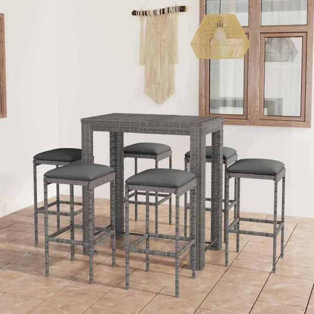 vidaXL 7-delige Tuinbarset met kussens poly rattan grijs, foto 2