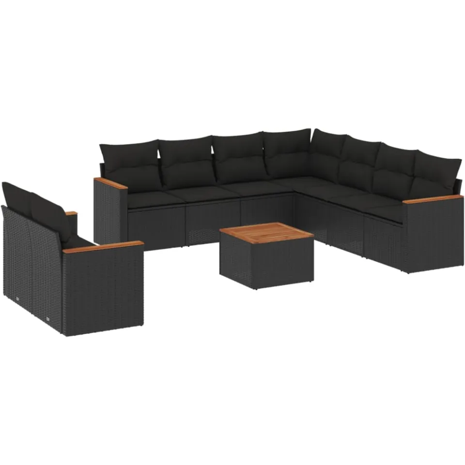 vidaXL 10-delige Loungeset met kussens poly rattan zwart, foto 3