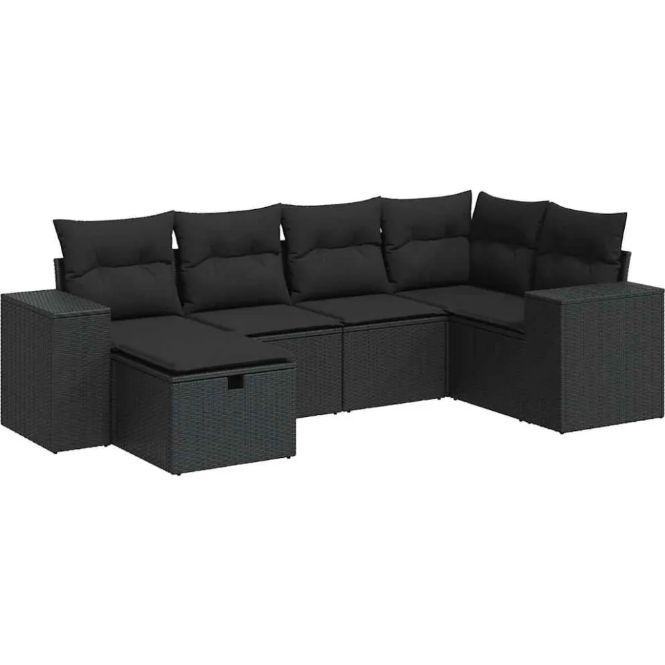 vidaXL 6-delige Loungeset met kussens poly rattan zwart, foto 3