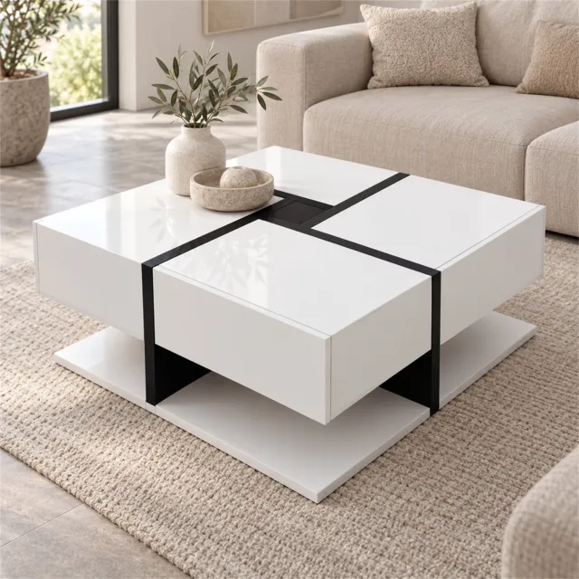 City long dragon LONG DRAGON – Salontafel – 4 lades, onderste legplank en hoogglansafwerking – Wit – 78 × 78 × 36 cm
