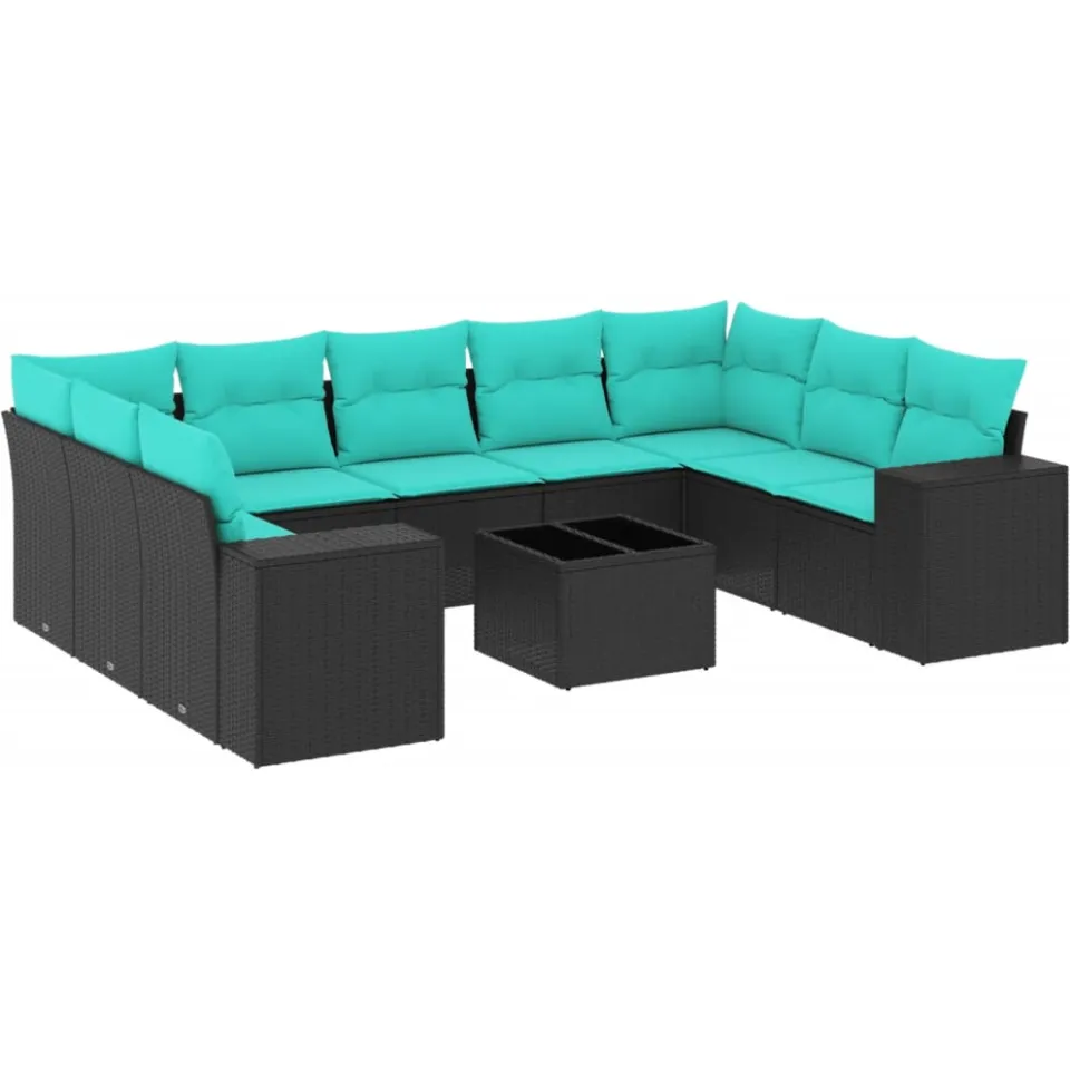 vidaXL 10-delige tuinbankset met kussens van zwart polyrotan, foto 3