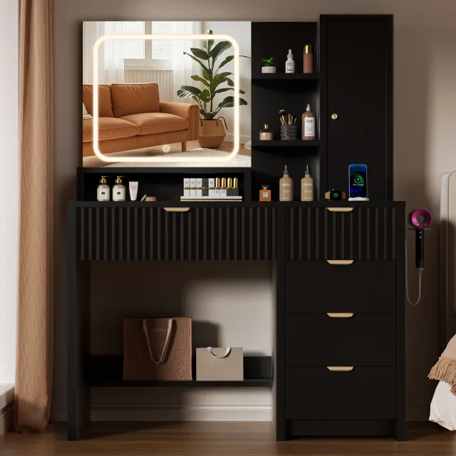 Lexzurn Kaptafel - Make-up tafel met spiegel - 3 soorten LED-verlichting - 5 Laden + 3 Stofvrije Opbergvakken + 6 Open Opbergvakken - met Föhnhouder - met Stopcontact en USB-poorten - 139 x 90 x 40 cm - voor Slaapkamer en Kleedkamer - Zwart