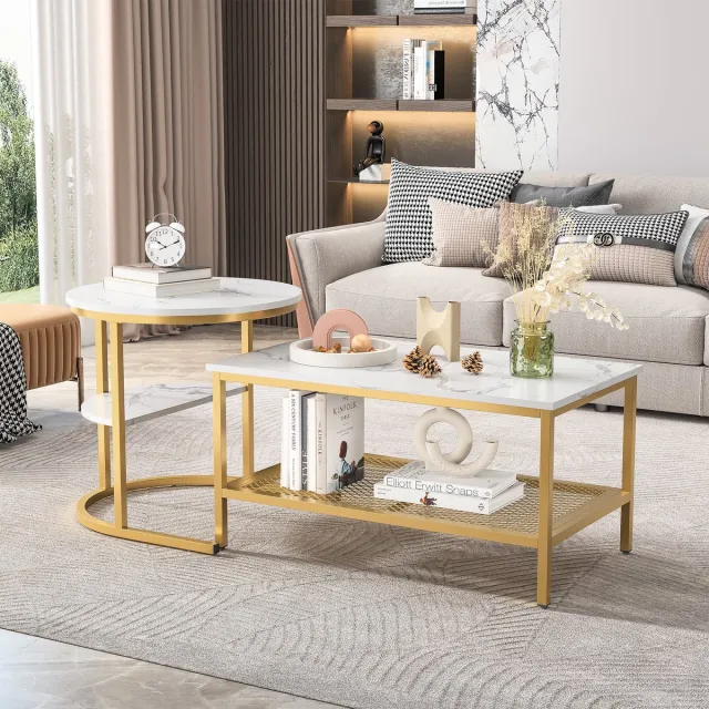 Solvenrik Nesttafels Set van 2 – Salontafel en Bijzettafel Set – Met Metalen Frame en Opbergruimte – Marmerlook Tafelblad – Modern Design Goud