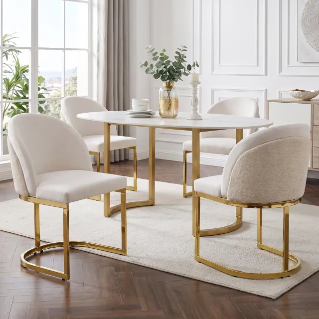 WUVRIE Set van 4 eetkamerstoelen 59x52x85 cm - Chenille bekleding en goudkleurige metalen poten - Beige