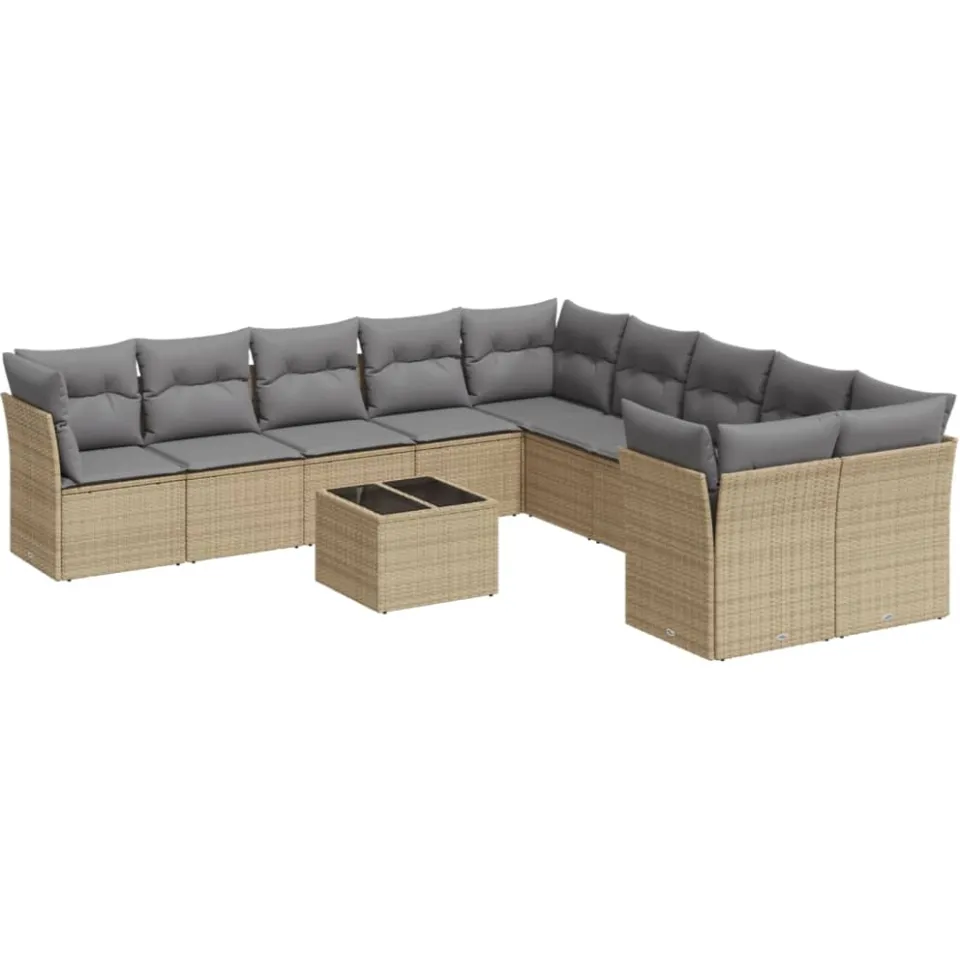 vidaXL 11-delige Tuinset met kussens poly rattan beige