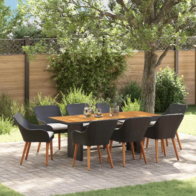 vidaXL Tuin eettafelset 9 st Zwart poly rattan