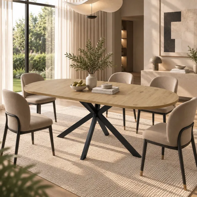 DESMIU Eettafel - Uitschuifbaar van 120 naar 160 cm - Ovaal Blad voor 4 tot 6 Personen - MDF en Metaal - Houtkleur - 160 x 80 x 75 cm