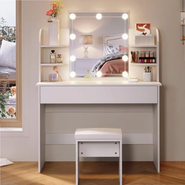Sierra , Grote make-uptafel 108 cm met kruk, kaptafel met spiegel, make-uptafel met laden en 6 open vakken, 3 kleuren met instelbare helderheid, wit, 108 x 40 x 140 cm.