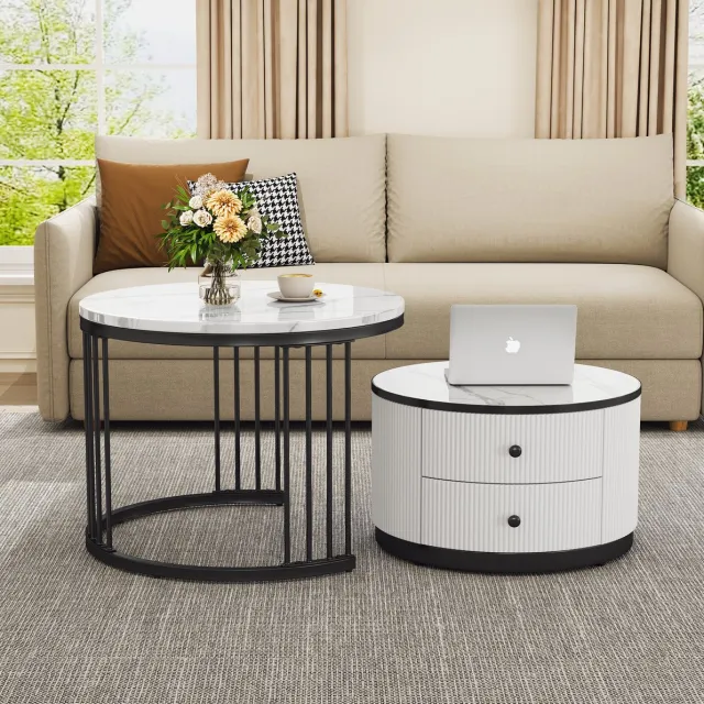HAUSS SPOLE Salontafel - Ronde Nesting Set Met 2 Lades En Hoogglans Marmerlook - Voor Woonkamer - MDF En Kunststof - 60x60x45,5 Cm - Wit Zwart
