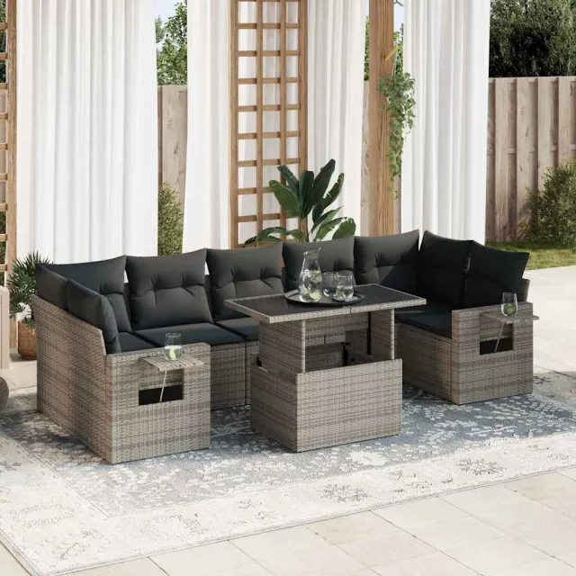 vidaXL 8-delige Loungeset met kussens poly rattan grijs, foto 2