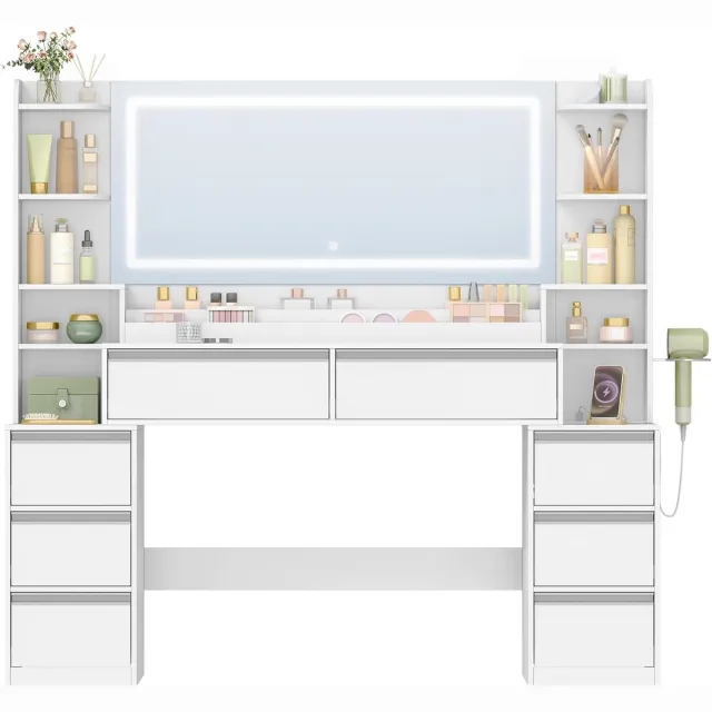 HILINSIE Kaptafel - Make up Tafel - Kaptafel met Spiegel en Verlichting - van 149 cm - met Spiegel en Stopcontacten - Wit-Zilver - 3 Dimbare Ledlampen - Föhnhouder - 8 Lades en Open Schappen - 40 × 149 × 140 cm