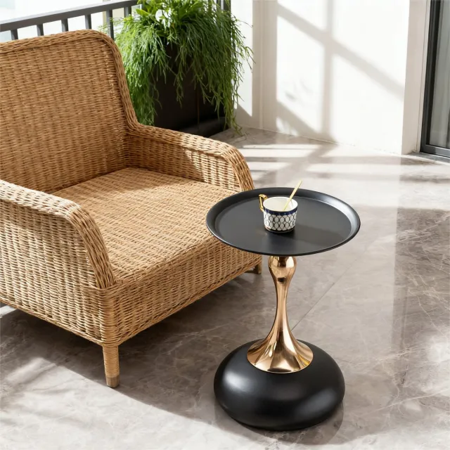 MODFU Ronde Bijzettafel - Metalen blad en onderstel - 40 cm - Slaapkamer of woonkamer - Modern & stevig - Koolstofstaal - Zwart en Goud Zwart+Goud