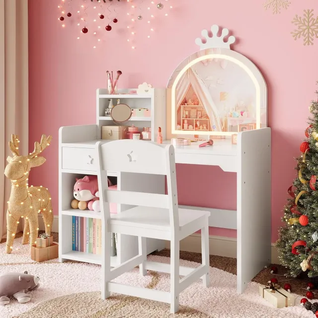 HOERFURIY Kinder Kaptafel met Spiegel en Licht - Witte Houten Kaptafel met Stoel, Lade & Open Planken, Prinsessen Make‑up Tafel voor Meisjes