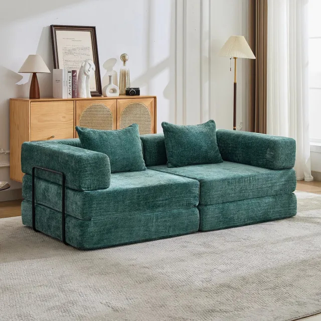 DESMIU Slaapbank 200 x 100 cm - Opvouwbaar Modulair Tweezits Ontwerp - Voor Woonkamer En Slaapkamer - Chenille - Donkergroen