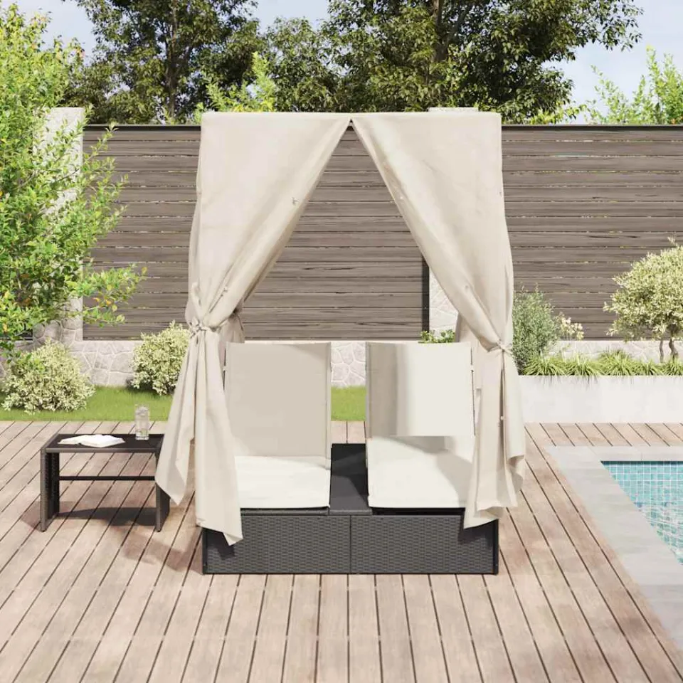 vidaXL Dubbele ligbed Warmwit poly rattan zwart, foto 2