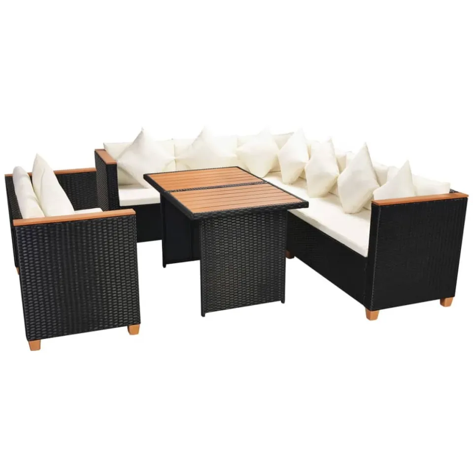 vidaXL 5-delige Loungeset met kussens poly rattan zwart, foto 2
