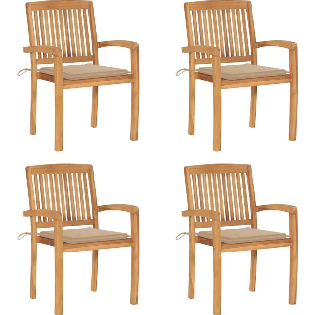 vidaXL Tuinstoelen stapelbaar 4 st met kussens massief teakhout Beige