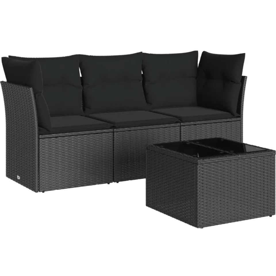 vidaXL 4-delige Loungeset met kussens poly rattan zwart, foto 3