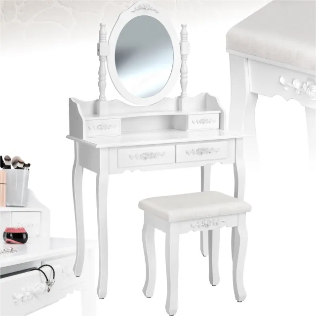 Tectake Make Up Tafel - Kaptafel met 4 Lades - Met Spiegel en Krukje - Make Up Stoel - Makeup Tafel Geschikt voor Kind en Volwassenen - Tafelhoogte 75 cm - Met Gestoffeerde Zitkruk wit