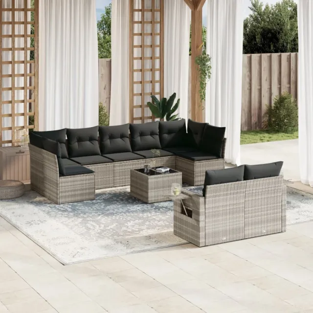 vidaXL 10-delige Loungeset met kussens poly rattan lichtgrijs grijs, foto 2
