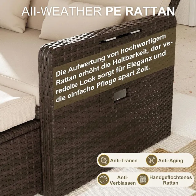Laura Rotan Loungeset 2-persoons Tuinbank met Opbergruimte en Verstelbare Rugleuning 135 x 165 x 95 cm – Weerbestendig PE Rotan, Met Kussens en Gasveren – Balkon & Tuin Bank – Laura Bruin