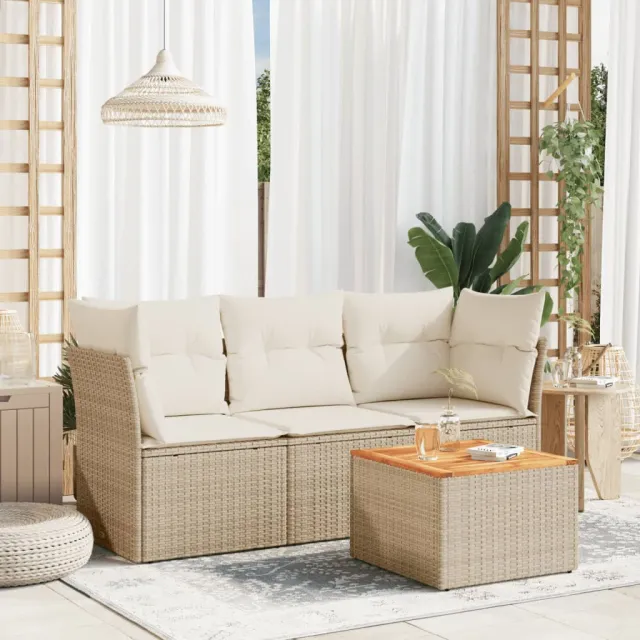 vidaXL 4-delige Loungeset met kussens poly rattan beige, foto 2