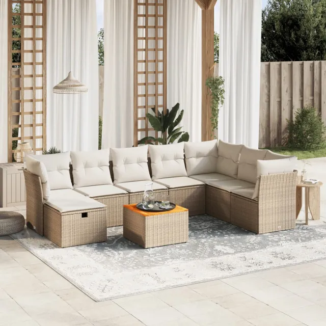 vidaXL 9-delige Loungeset met kussens poly rattan beige, foto 2