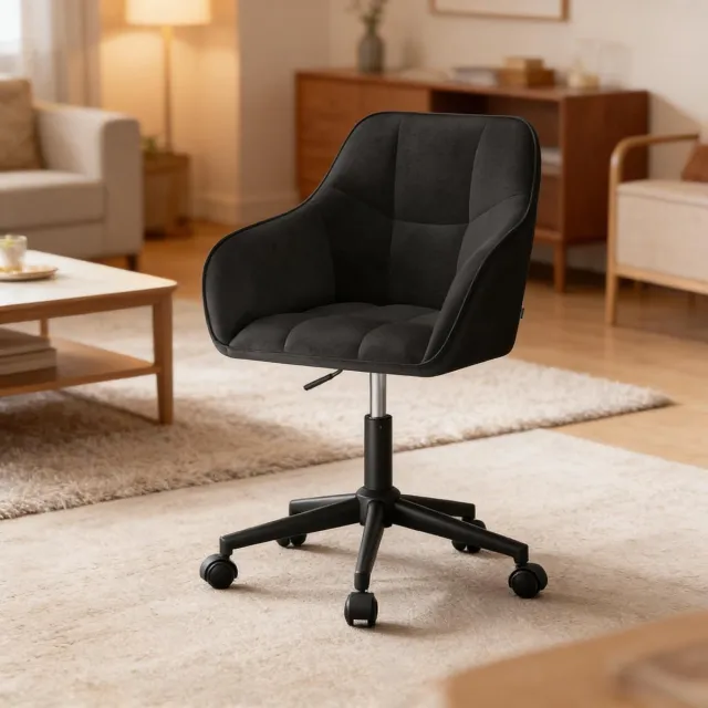 OKWISH Bureaustoel Met Wieltjes - Ergonomische Rug En Armsteun - In Hoogte Verstelbaar En Draaibaar - Voor Thuis En Kantoor - Metaal En Velours - Zwart