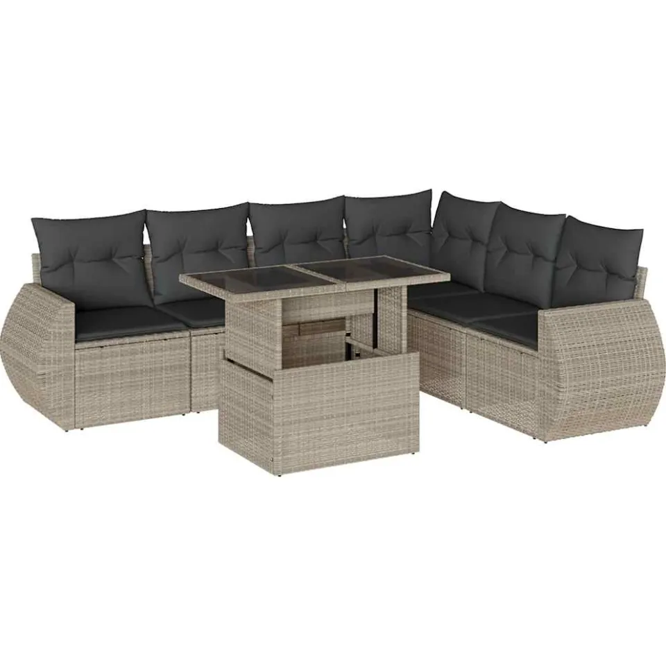 vidaXL 7-delige Loungeset met kussens poly rattan lichtgrijs grijs, foto 3