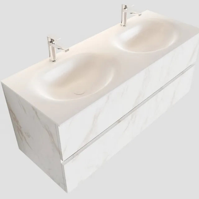 Boss & Wessing Badkamermeubel BWS Madrid Carrara Mat 120 cm Solid Surface Wastafel Dubbel (2 kraangaten, 2 lades)